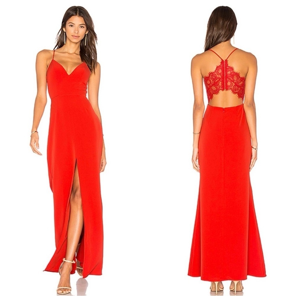 NWT Lovers and Friends Helena Red Lace Back Maxi Gown Formal Dress Sz 0